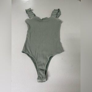 Blue Rain Sage Green Ribbed One-Piece Bodysuit with Ruffle Straps